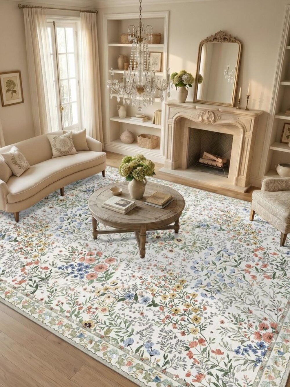 Vintage Botanical Floral Rug 8x10: Cottage Area Rug - Machine Washable Non Slip